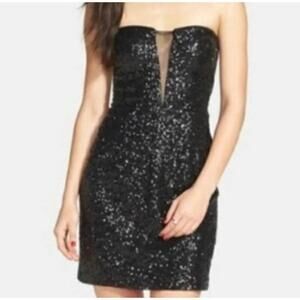 Hailey Logan Black Sequined Strapless Mini Dress Plunging Neckline Small
